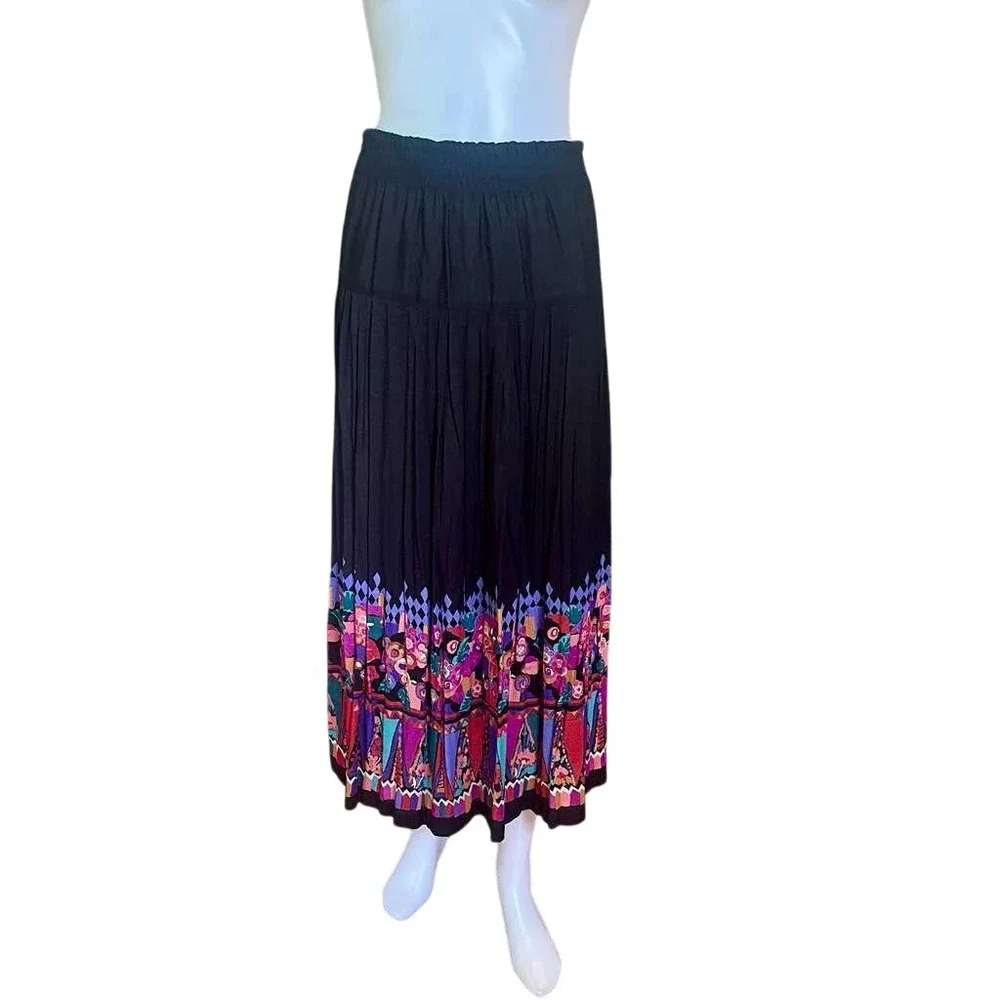 Vintage Carole Little Maxi Skirt Black Floral Medium Whimsigoth Grunge Fairy